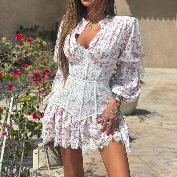 Pink Boho Women's Sweet Floral Lace Dress - Picture 2 of 9